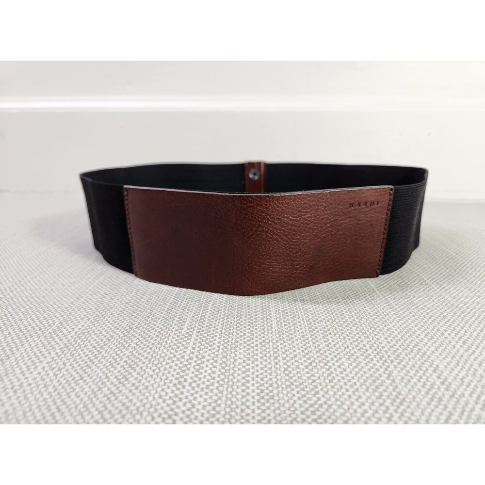 Marni M/L Elastic Black Belt Brown Leather Wide Double Snaps Stretchy Women